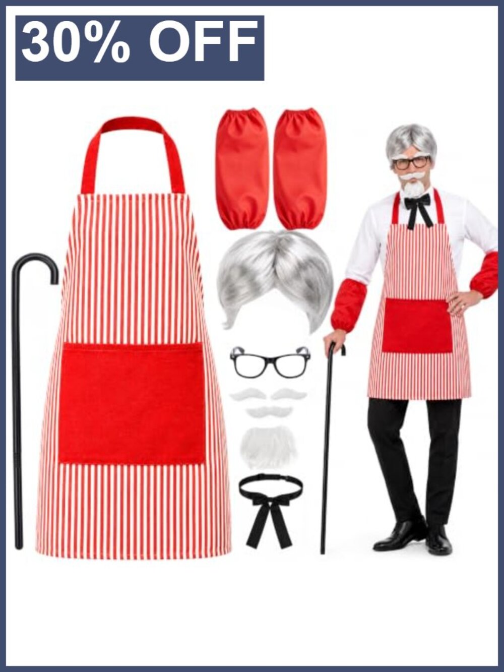 Men's 9pc Halloween Fast Food Costume Kit Striped Chef Suit